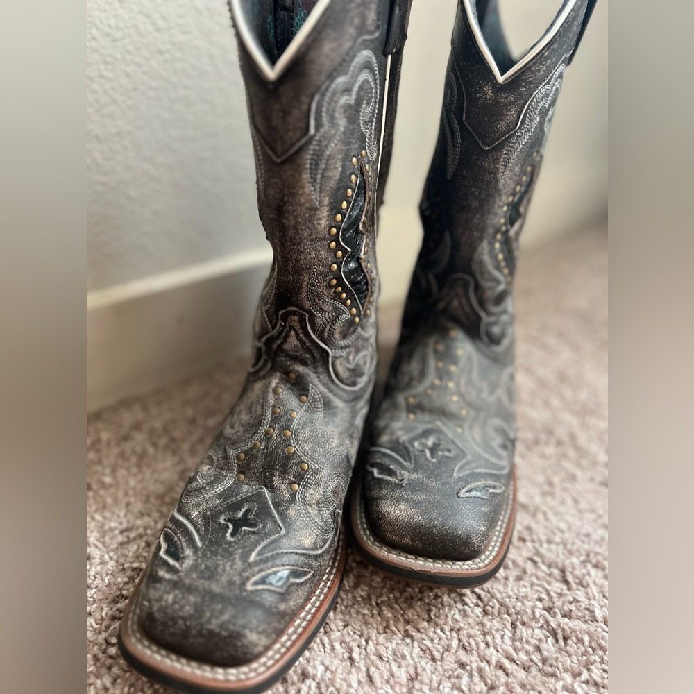 Laredo Women's Sanded Black with Underlay & Studs Square Toe Cowboy Boots
